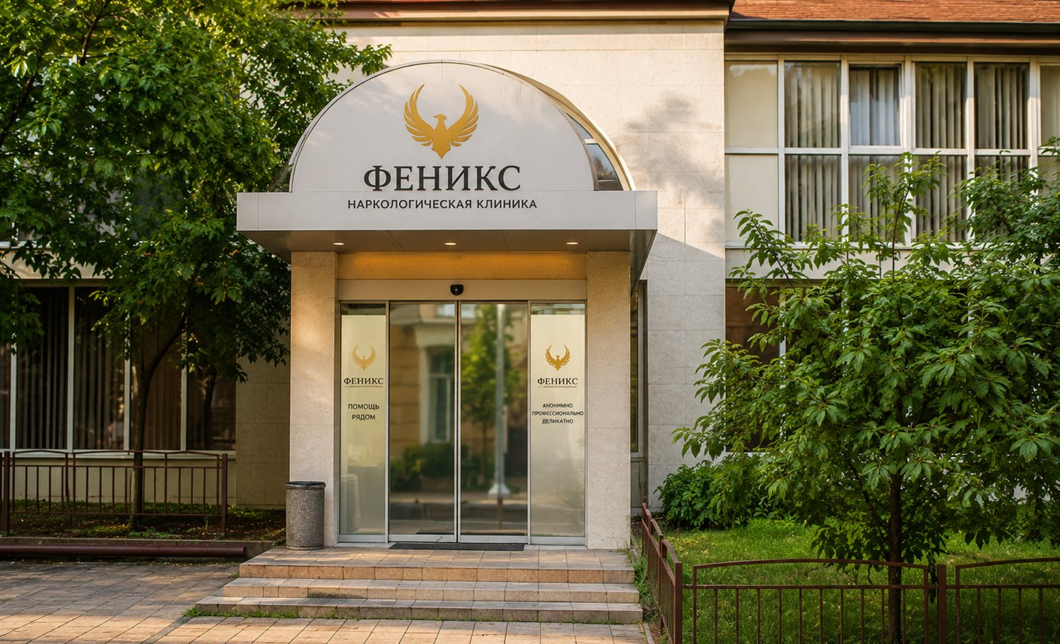 Вход в наркологическую клинику «Феникс» в Карабанове